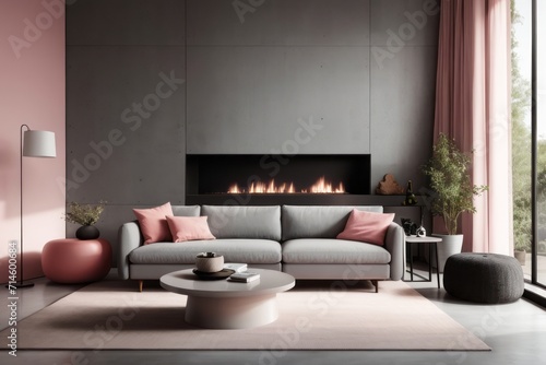 Scandinavian interior home design of modern living room with gray sofa and fireplace against concrete wall with copy space