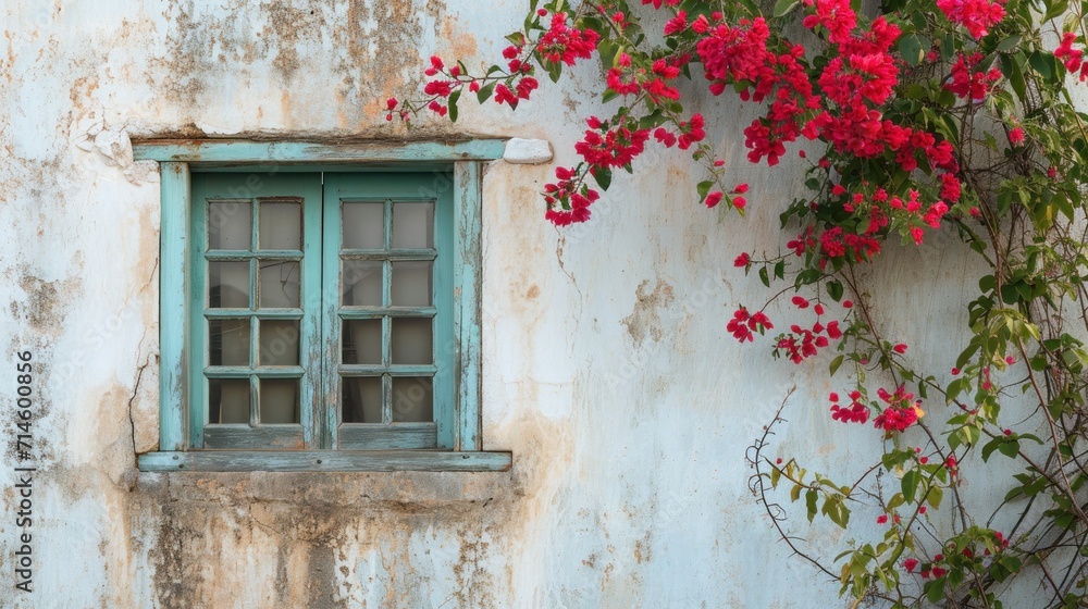 a window with a green frame and a bunch of red flowers on the side of a building with a green door and window sill on the side of the building.