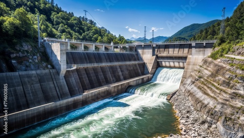 A breathtaking view of a hydroelectric facility with streams of water gushing out. This photo captures the essence of human ingenuity and nature's power.