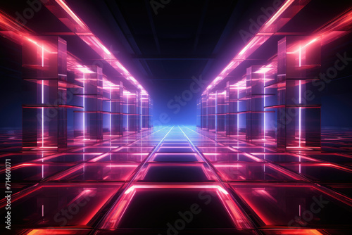 Background of empty stage show Glowing neon lines. Empty futuristic stage laser show. Colorful rectangular laser lines. Night club empty room..retro disco