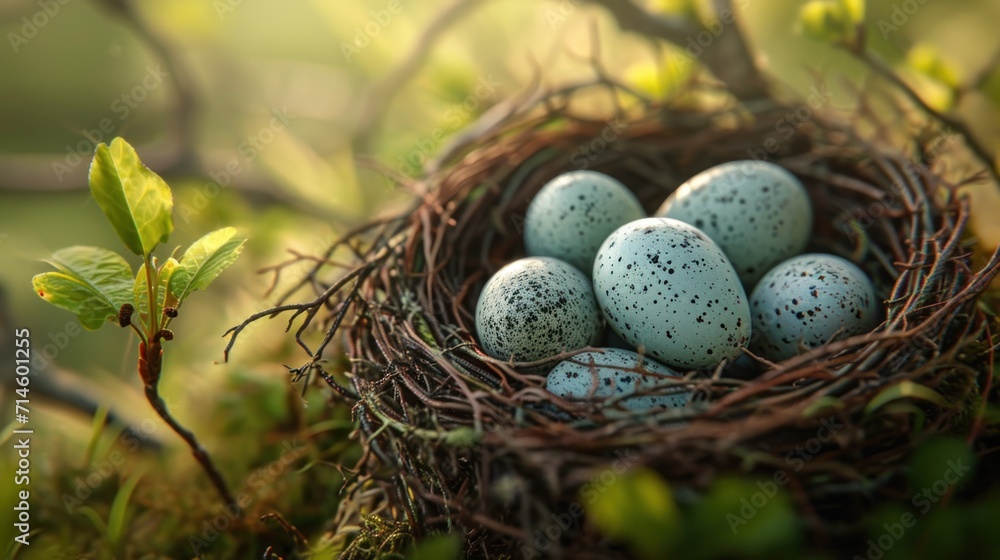 a nest filled with blue speckled eggs sitting on top of a green leaf covered forest floor next to a small green leafy twiggy tree with green leaves. a nest filled with blue speckled eggs sitting on top of a green leaf covered forest floor next to a small green leafy twiggy tree with green leaves.