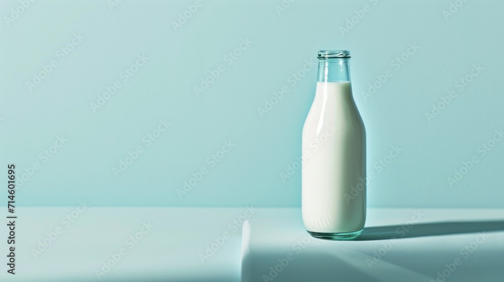 a bottle of milk sitting on top of a table next to a shadow of a person's shadow on the table and a light blue wall in the background. a bottle of milk sitting on top of a table next to a shadow of a person's shadow on the table and a light blue wall in the background.