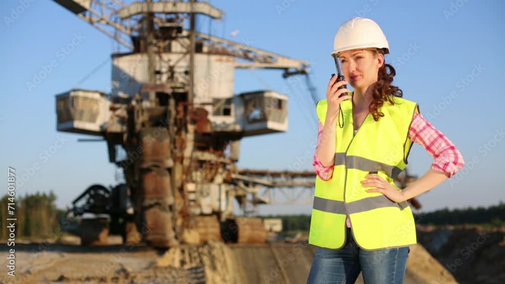 girl in light-reflecting waistcoat is standing near the stacker. girl in light-reflecting waistcoat is standing near the stacker.