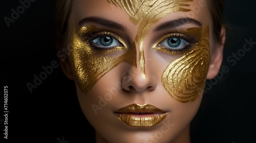 Primer plano de mujer con pintura dorada en el rostro photo