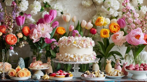  a table topped with a white cake covered in frosting next to lots of pink, yellow, and orange flowers and a vase filled with pink and white flowers.