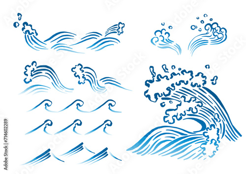 波のイラスト素材セット 毛筆・和風手書きタッチ