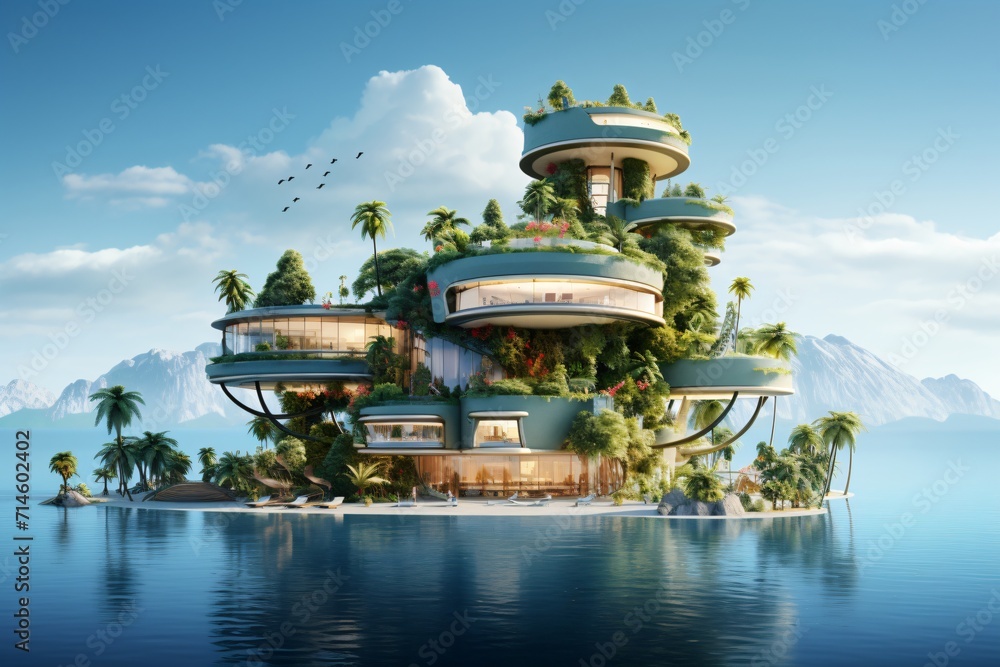 A cartoon illustration of houses and habitat on an island