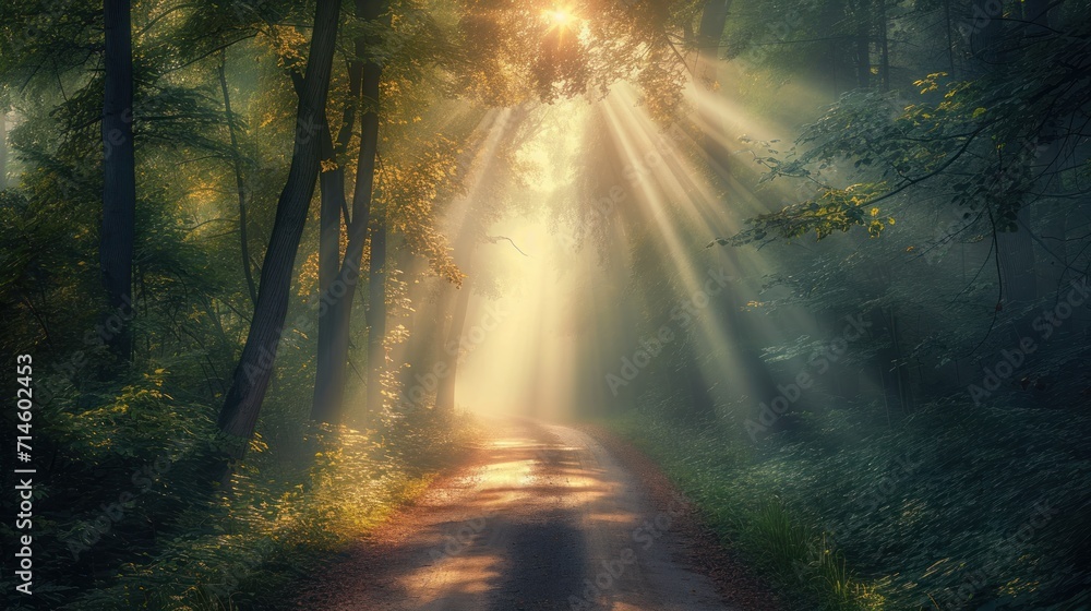  a dirt road in the middle of a forest with beams of light coming from the trees on either side of the road and on the other side of the road.