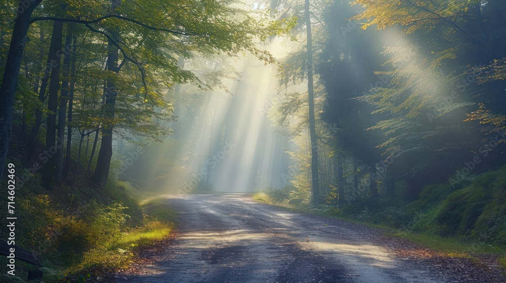 Fototapeta premium a dirt road in the middle of a forest with sunbeams shining down on the trees and the road is surrounded by tall, green and leafy trees.