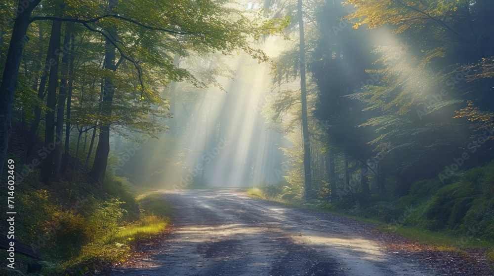  a dirt road in the middle of a forest with sunbeams shining down on the trees and the road is surrounded by tall, green and leafy trees.