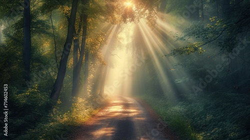  a dirt road in the middle of a forest with beams of light coming from the trees on either side of the road and on the other side of the road.