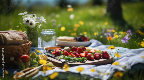 A delightful picnic setup with a basket, fresh strawberries, and bread on a sunny meadow, surrounded by wildflowers. photo
