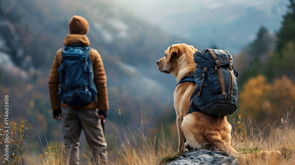 person and dog, a beautiful Labrador Retriever accompanying its owner on a hiking adventure, displaying its adventurous spirit and loyalty