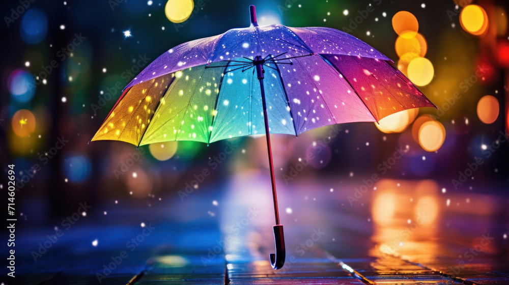 A vibrant umbrella illuminated by enchanting night lights, creating a magical atmosphere on a rainy evening.