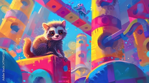  a painting of a ferret sitting on top of a pile of colorful plastic pipes with a blue sky in the background and a blue sky in the foreground. © Olga