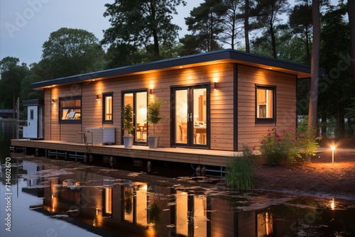 A cozy modern wooden house in the forest with large glass windows overlooking a serene lake.