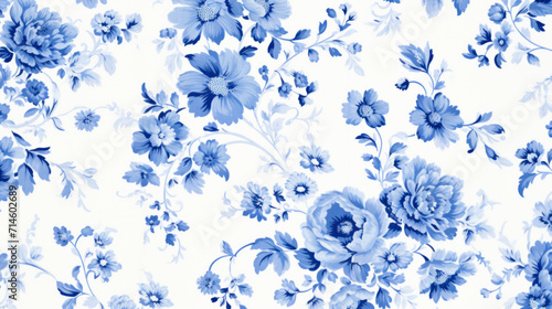 Blue flowers on white background, toile style. Floral pattern