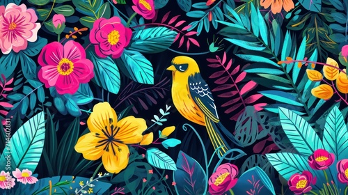  a yellow bird sitting on top of a lush green forest filled with lots of colorful flowers and leaves on a dark blue background with pink, yellow, red, pink, pink, and green leaves. © Olga