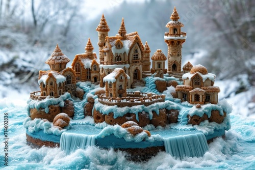 There is a large designer chocolate cake in the form of a handmade castle on the stump