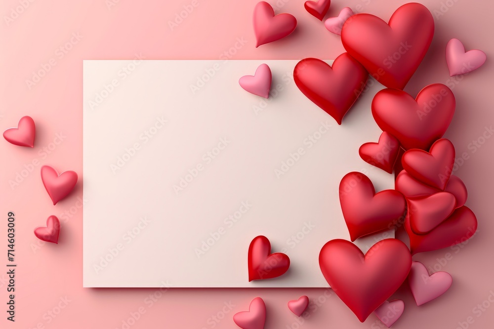 Creative Valentine's Card Design: Blank Paper, 3D, and Red Paper Hearts on White Background. Top View with Copy Space.