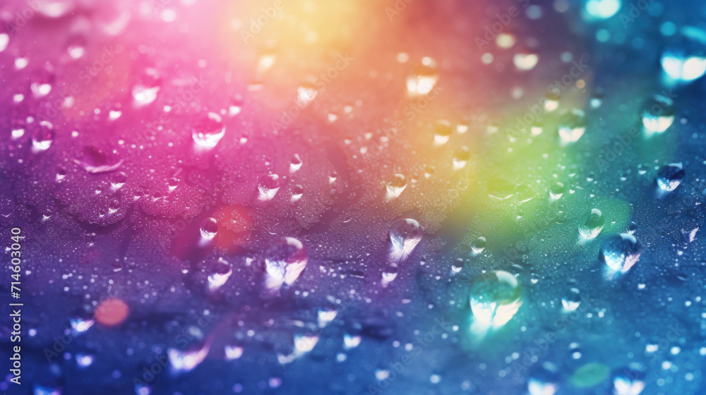 Macro shot of water droplets on a gradient surface displaying a spectrum of colors, resembling a rainbow effect. - obrazy, fototapety, plakaty 