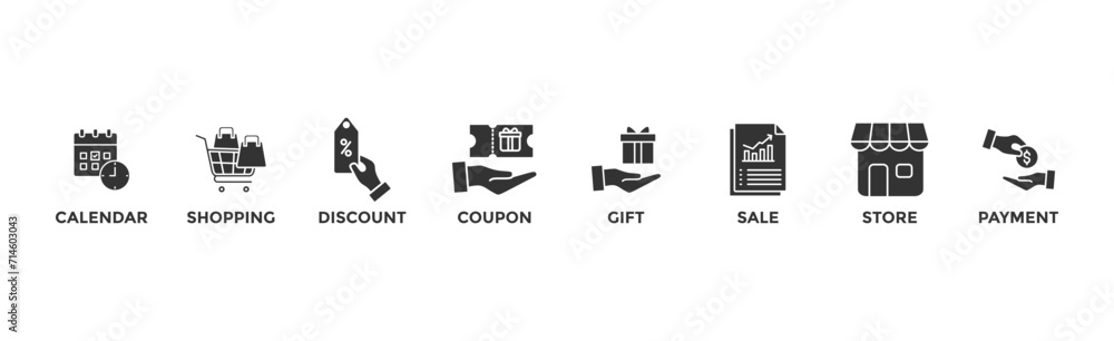 Black friday banner web with icon of calendar, shopping, discount, coupon, gift, sale, store, payment