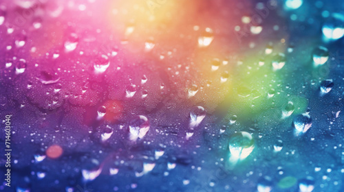 Macro shot of water droplets on a gradient surface displaying a spectrum of colors, resembling a rainbow effect.