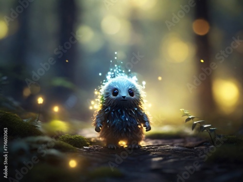 cute tiny, furry colorful spirit creature with a dynamic contrast and bokeh magic.