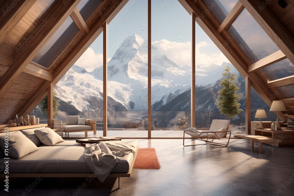 Fototapeta premium Interiors of a house in the mountains with a view