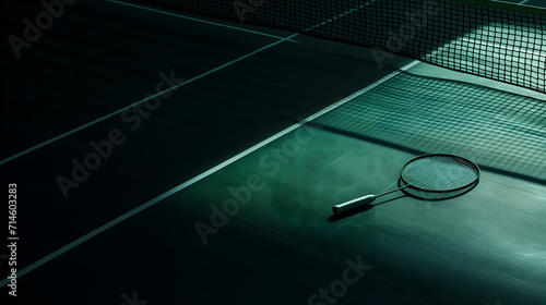 Tennis racket and ball on a badminton court in the dark photo
