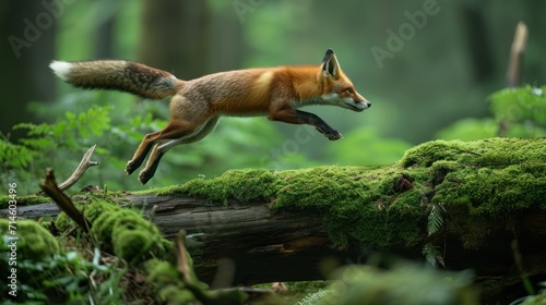 a red fox jumping over a fallen log in a forest filled with green mossy trees and trees with a fallen log in the foreground and a blurred background.