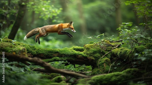  a red fox jumping over a mossy log in a forest with lots of trees and bushes on either side of the log is a tree branch with mossy branches in the foreground. © Olga