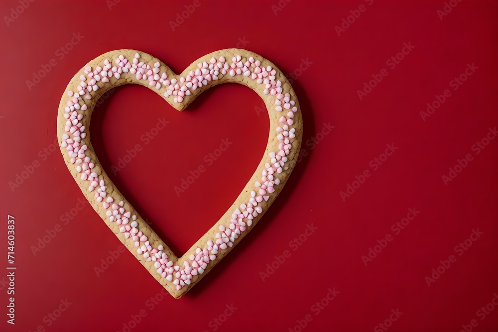 Heart shaped cake for Valentine's Day on red background, top view