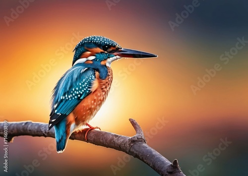 watercolor illustration of perching Kingfisher during late sunset with sunflares in the background. photo