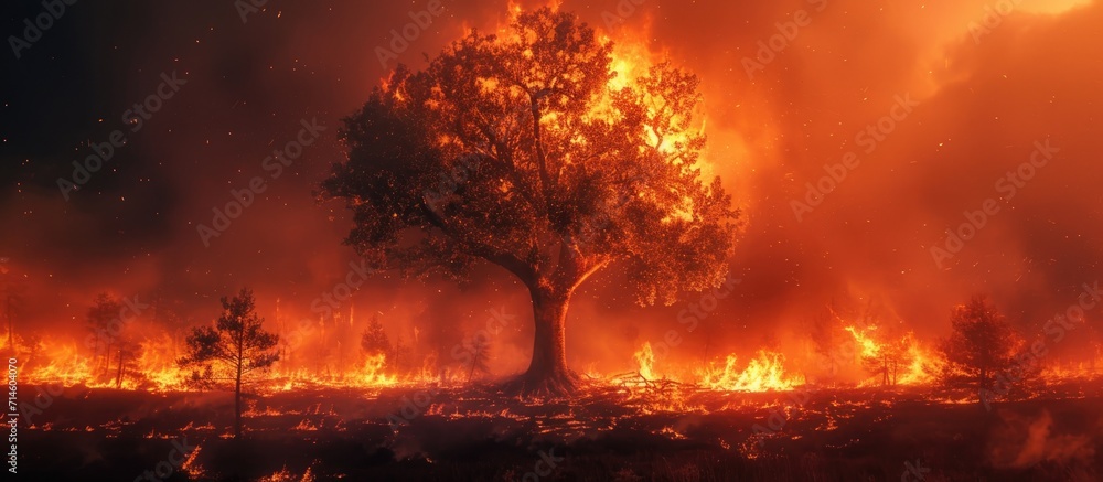 Tree burning in red and orange during a forest wildfire. Tree burning in red and orange during a forest wildfire.