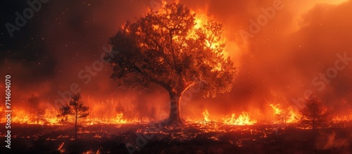 Tree burning in red and orange during a forest wildfire. © 2rogan