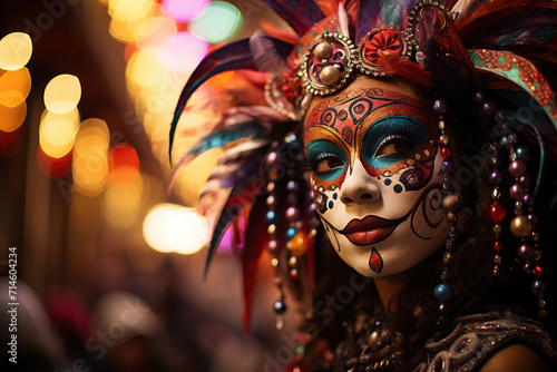 A woman in a carnival costume with feathers and carnival makeup on her face. Carnival concept, mardi. Generated by artificial intelligence