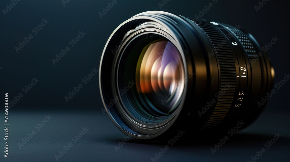  a close up of a camera lens on a dark background with a reflection of the lens on the lens and the lens body of the lens in the foreground.