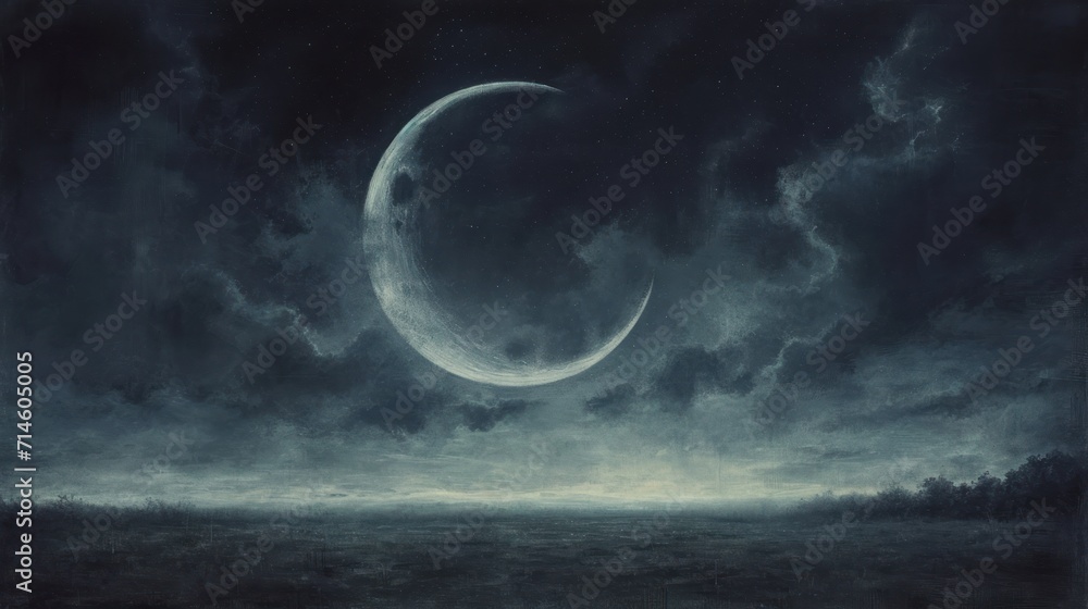 a painting of a crescent moon in a cloudy night sky over a field with trees and a body of water in front of a dark cloudy sky with dark clouds. a painting of a crescent moon in a cloudy night sky over a field with trees and a body of water in front of a dark cloudy sky with dark clouds.