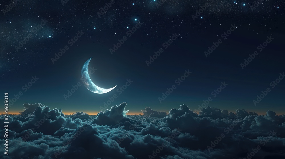 a crescent moon in the night sky above a cloud filled sky with stars and a crescent moon in the middle of the night sky, with clouds and stars in the foreground. a crescent moon in the night sky above a cloud filled sky with stars and a crescent moon in the middle of the night sky, with clouds and stars in the foreground.