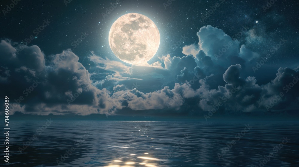 a full moon in the sky over a body of water with a boat in the water and clouds in the foreground, and a full moon in the distance. a full moon in the sky over a body of water with a boat in the water and clouds in the foreground, and a full moon in the distance.