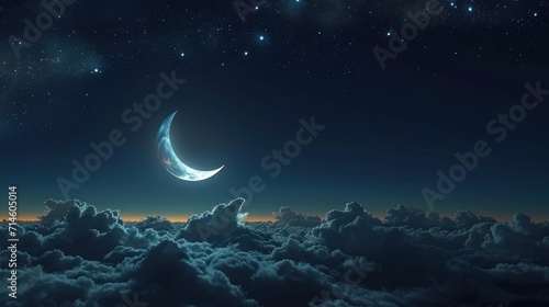  a crescent moon in the night sky above a cloud filled sky with stars and a crescent moon in the middle of the night sky, with clouds and stars in the foreground.