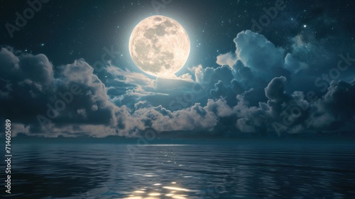  a full moon in the sky over a body of water with a boat in the water and clouds in the foreground, and a full moon in the distance.