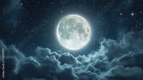  a full moon rising above the clouds in the night sky with stars and clouds in the foreground, and a dark blue sky with white clouds and stars in the foreground.