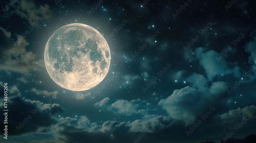  a full moon is seen in the night sky with clouds and stars in the foreground and a dark blue sky with white clouds and a few stars in the foreground.