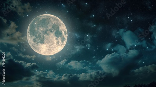  a full moon is seen in the night sky with clouds and stars in the foreground and a dark blue sky with white clouds and a few stars in the foreground.