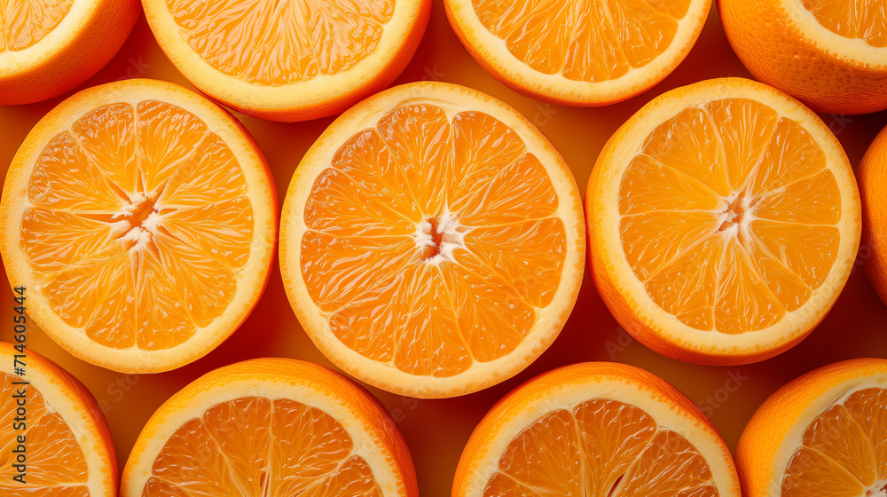 Fresh cut orange halves arranged on an orange background, representing a healthy, vitamin C-rich diet concept Fresh cut orange halves arranged on an orange background, representing a healthy, vitamin C-rich diet concept