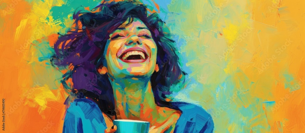Joyful woman with a smile, holding a cup and gazing upwards.