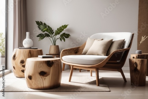 Rustic interior home design of modern living room with handmade armchairs and a stump table against white wall near the window