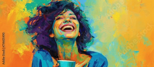 Joyful woman with a smile, holding a cup and gazing upwards.